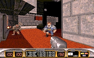 Duke battles aliens in this typical game play screen shot